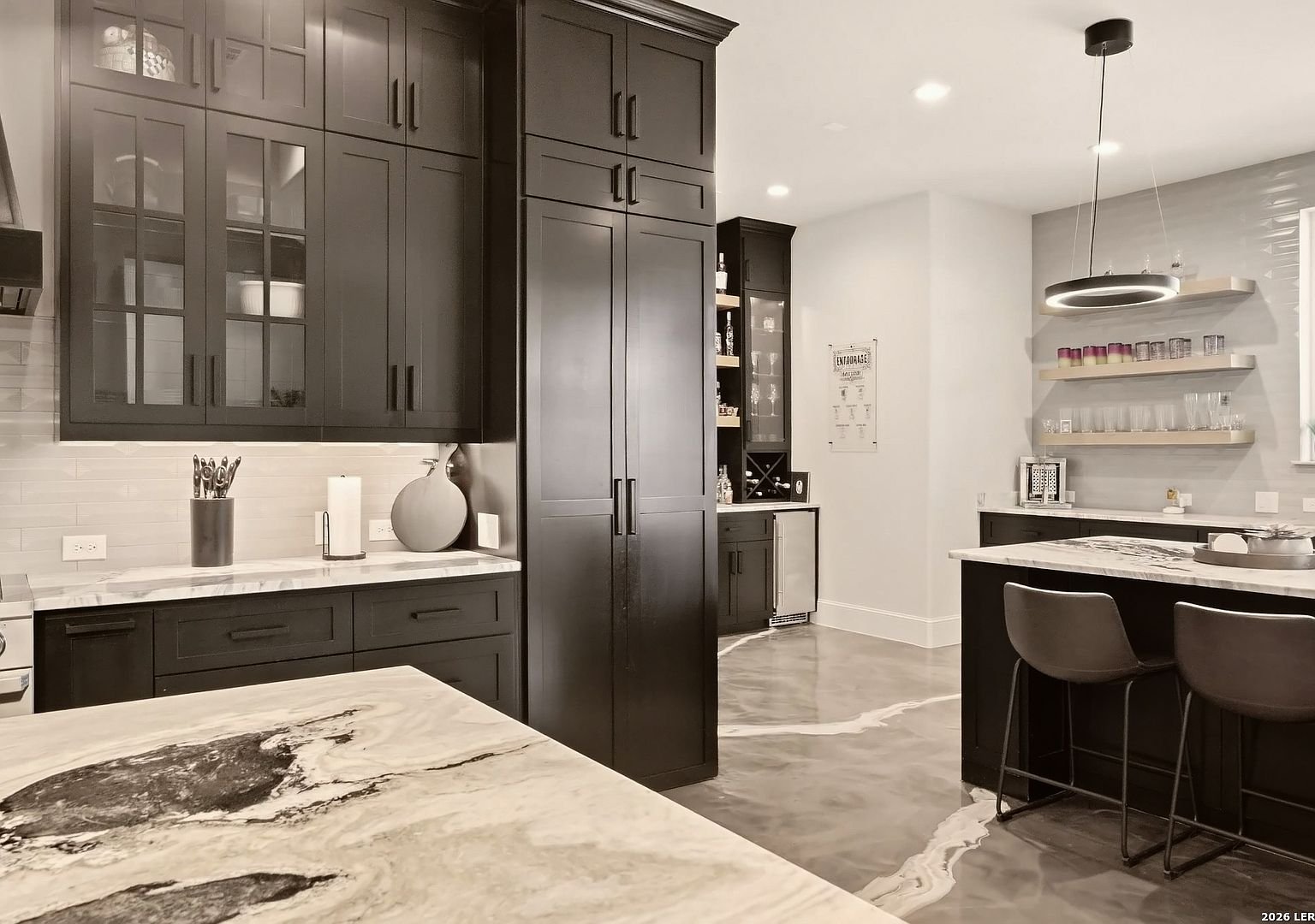 Kitchen island and marble counters